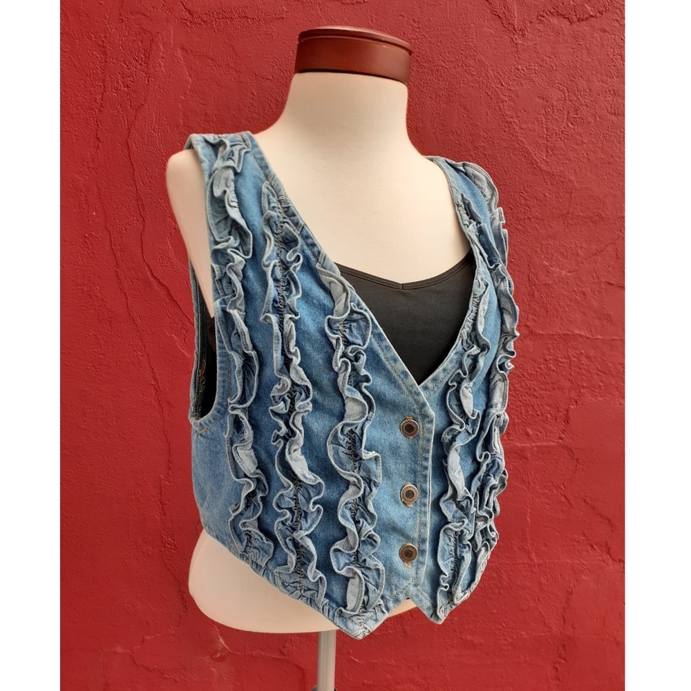 Vintage 80's Ruffle Denim Jean Vest Rare - Picture 4 of 8